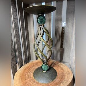 Iron & Aqua Glass Spiral Design Metal Pillar Candle Holder